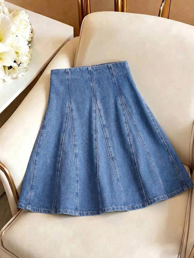 blue denim panelled a-line midi skirt