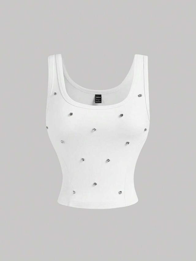 white scoop neck tank top with crystal embellishments