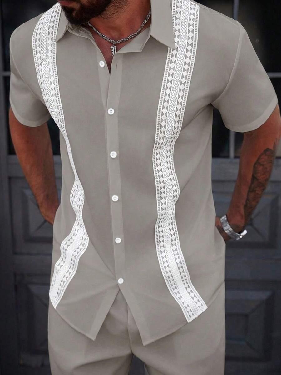 beige short sleeve button-down shirt with lace trim