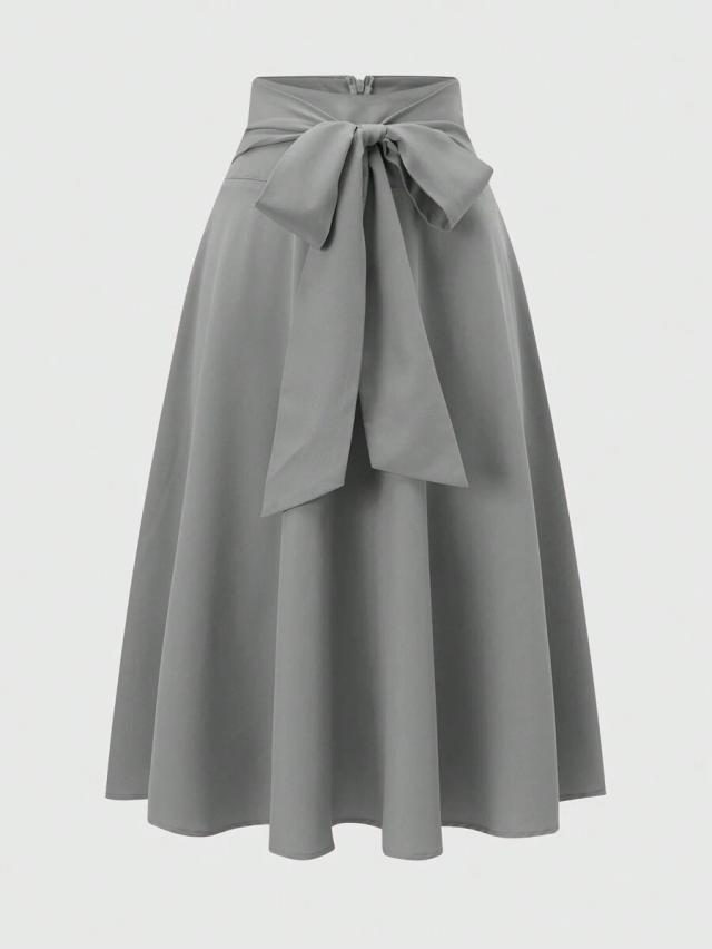 solid grey tie waist a-line midi skirt