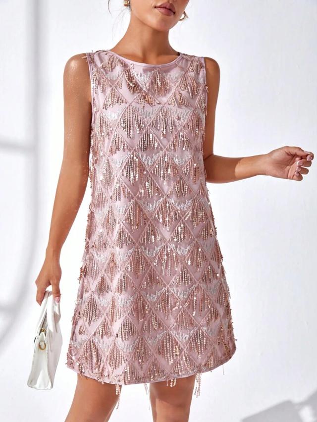 solid pink sequin fringe tank dress