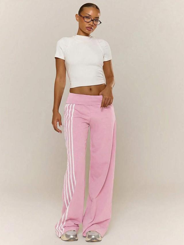 pink foldover waist stripe detail straight leg trousers