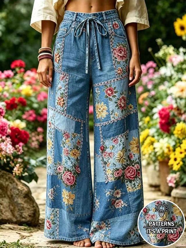 bohemian floral patchwork denim wide leg trousers