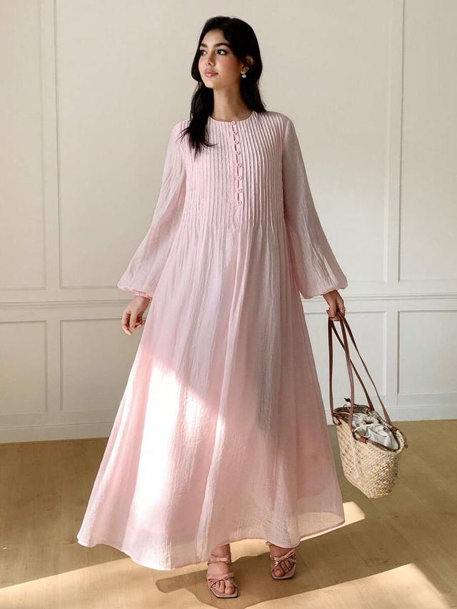 blush pink pleated lantern sleeve long dress