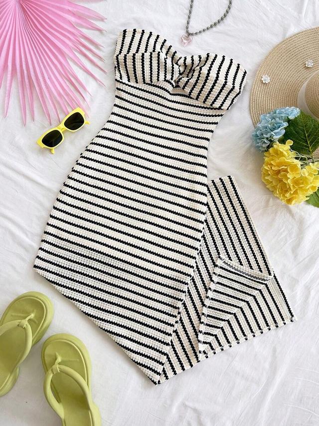 striped strapless bodycon summer midi dress