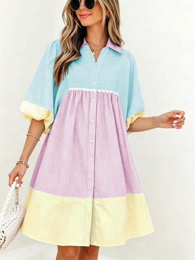 multi stripe striped colorblock button down shirt dress