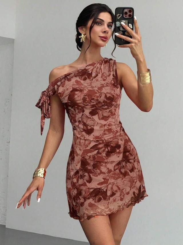 dusty pink floral asymmetrical mesh mini dress