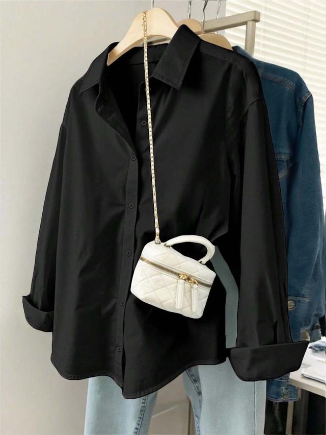 black single-breasted casual loose long sleeve shirt