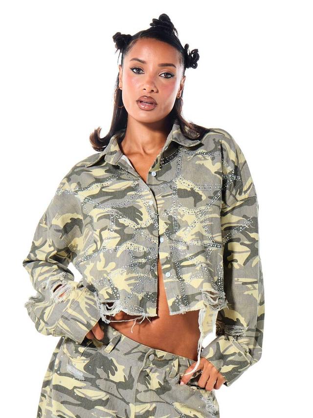 cropped oversized camouflage jacket with rhinestone embellishments