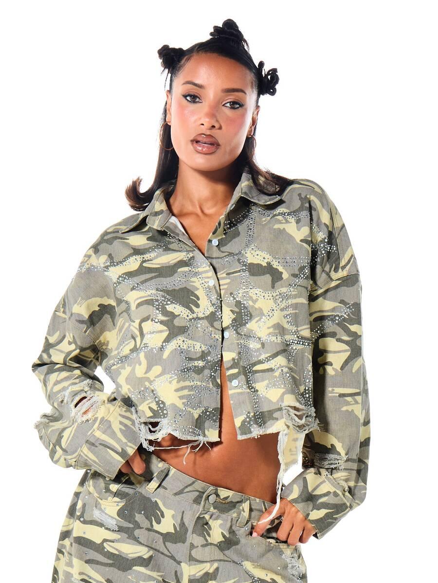 cropped oversized camouflage jacket with rhinestone embellishments