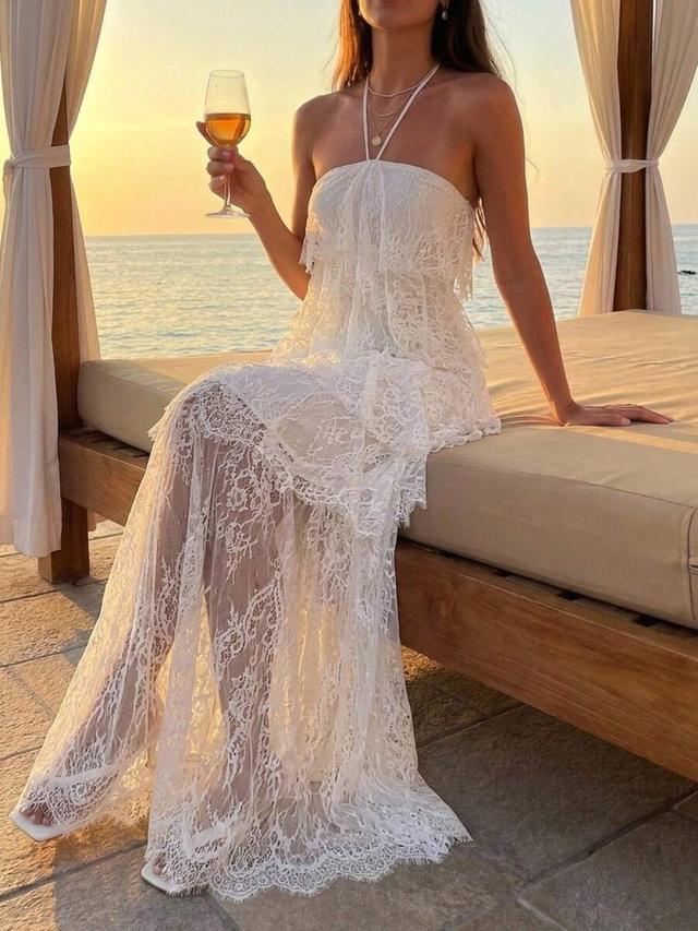 elegant white floral lace tiered maxi dress