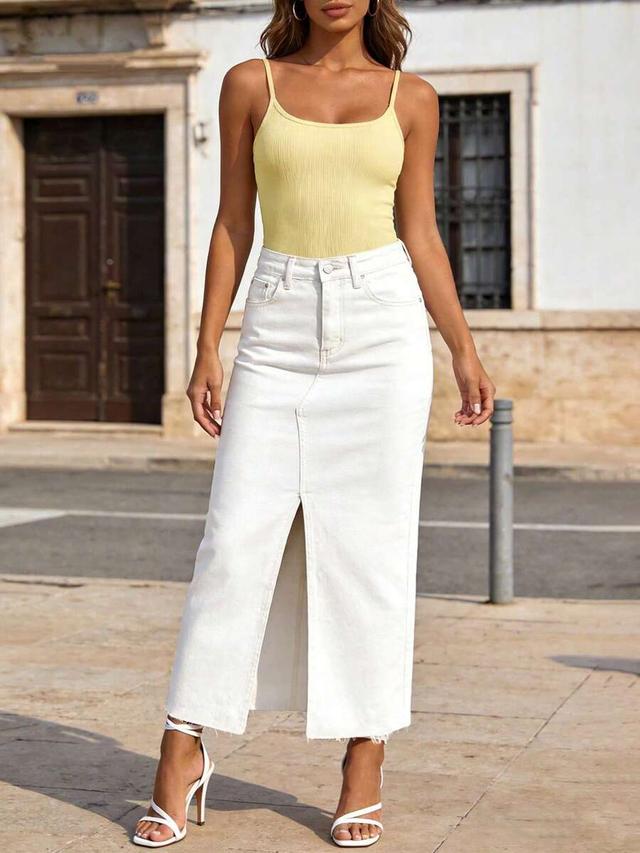 white mid waist non-stretch denim maxi skirt