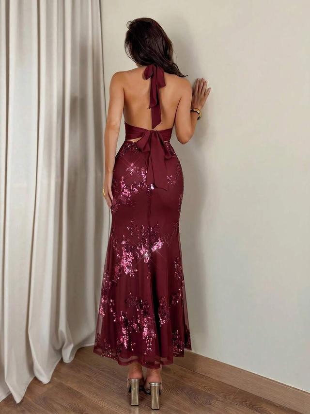 burgundy halter neck sequin mermaid evening gown