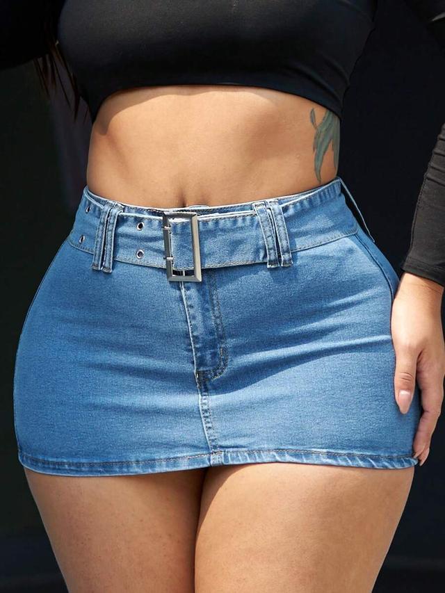 blue denim mini skirt with integrated belt