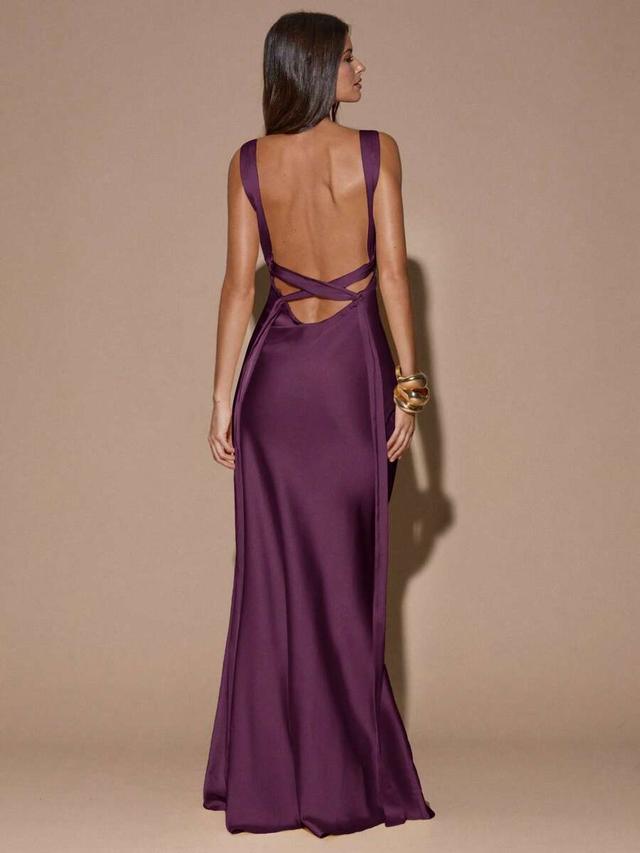 deep purple satin backless maxi dress