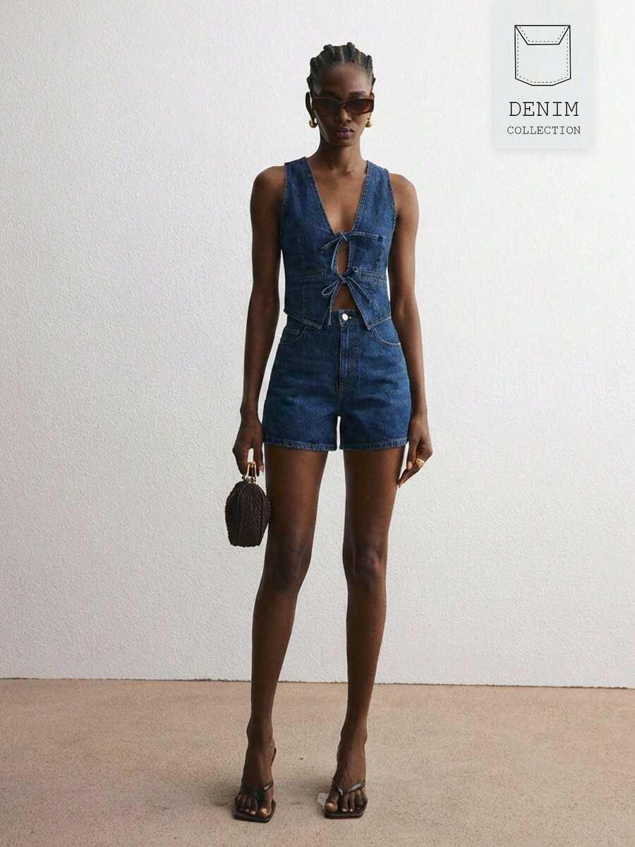blue denim knotted camisole and shorts set