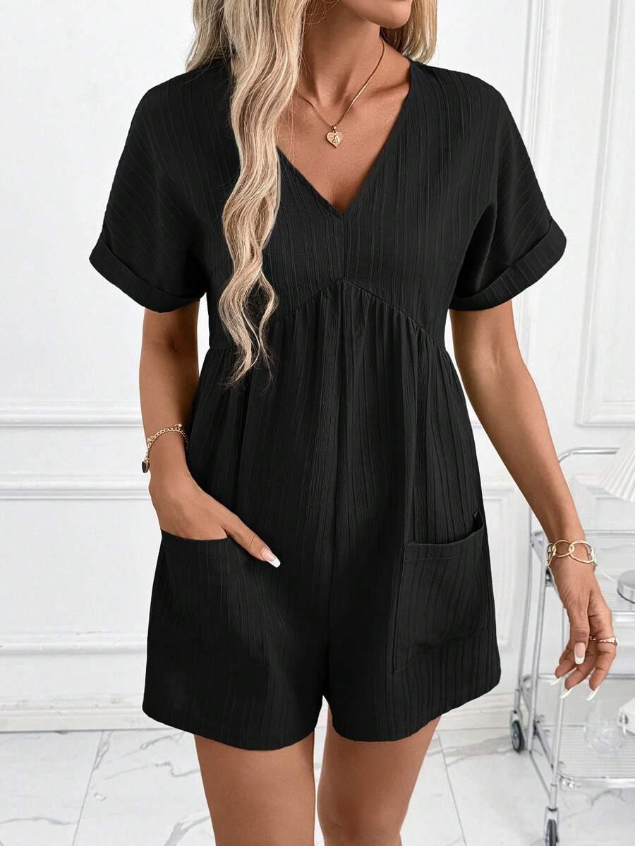 black v-neck short sleeve playsuit with pockets