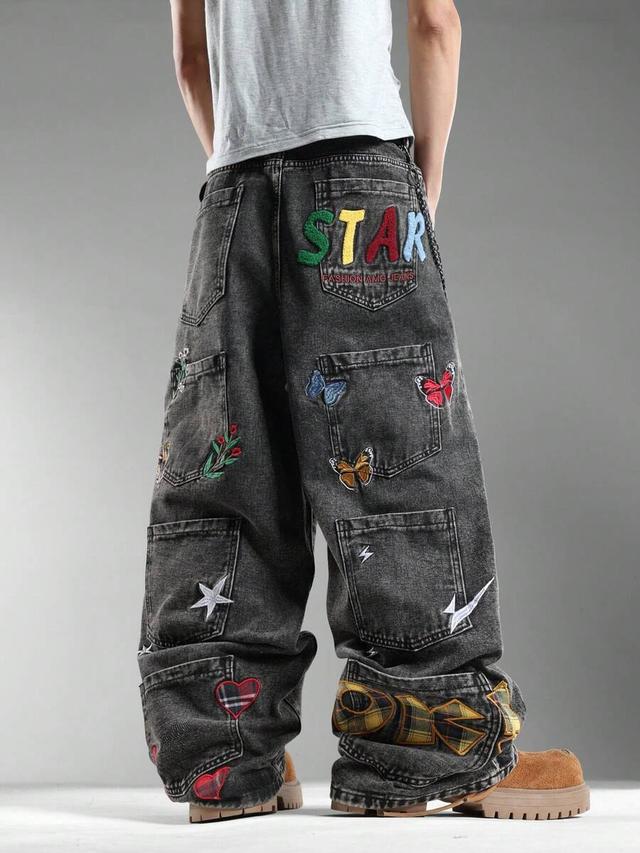 vintage wash loose wide leg embroidered denim jeans