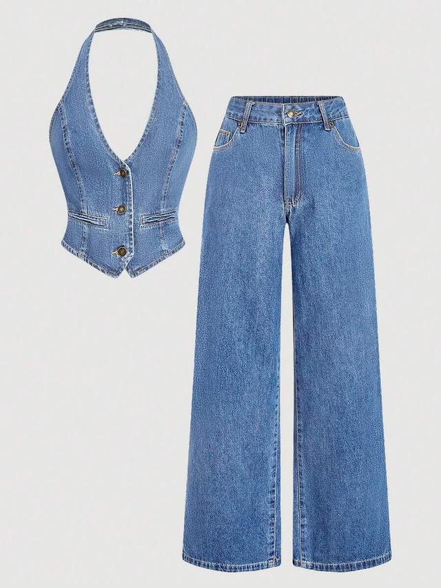 denim halter vest and wide leg jeans set