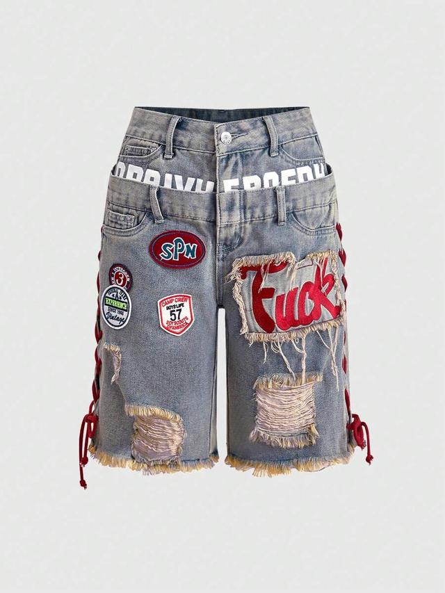 y2k retro denim shorts with lace-up sides and patches