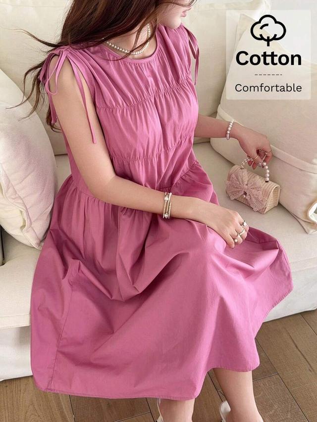 pink cotton knotted sleeveless pleated summer dress