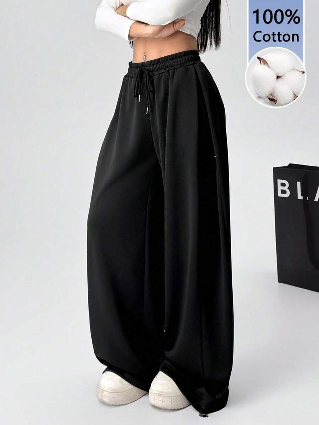 black knit drawstring waist wide leg sweatpants