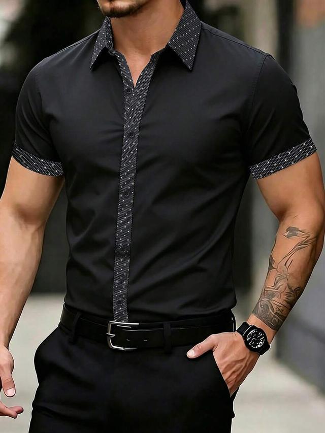 black short sleeve shirt with polka dot contrast trim