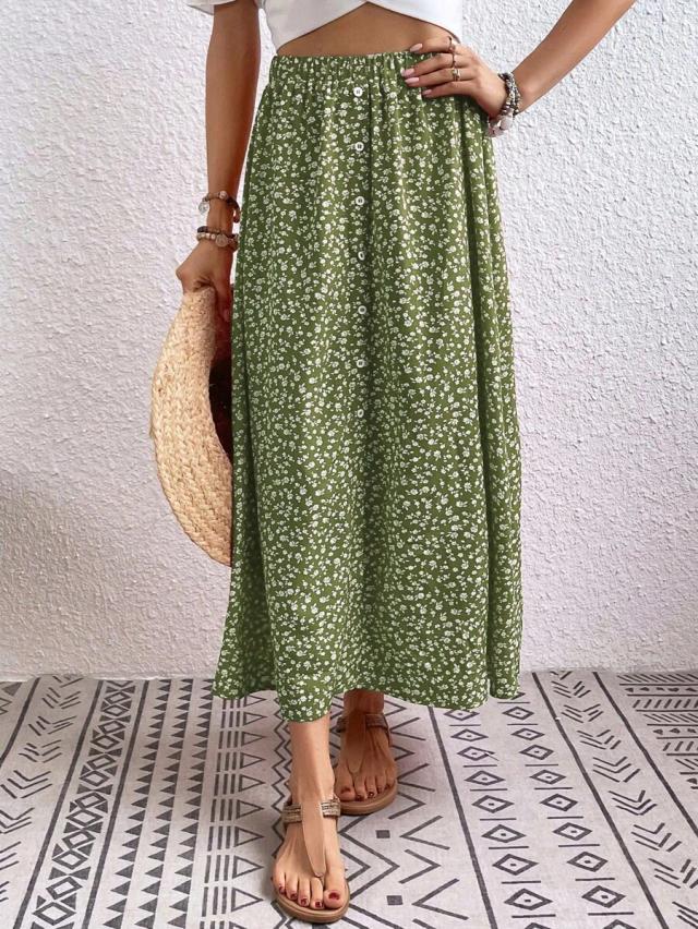 ditsy floral button design elastic waist midi skirt