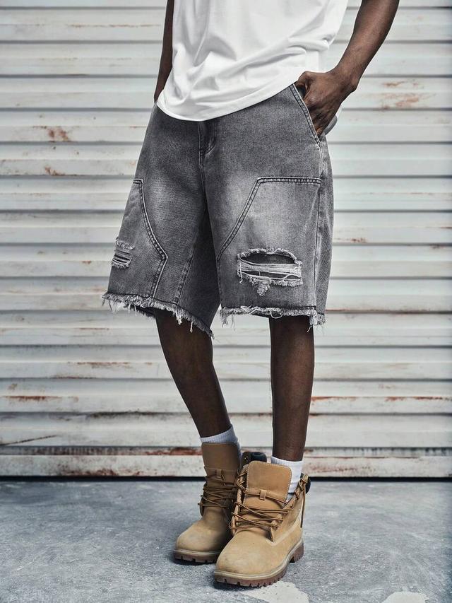 modcrash men's grey washed denim ripped relaxed shorts