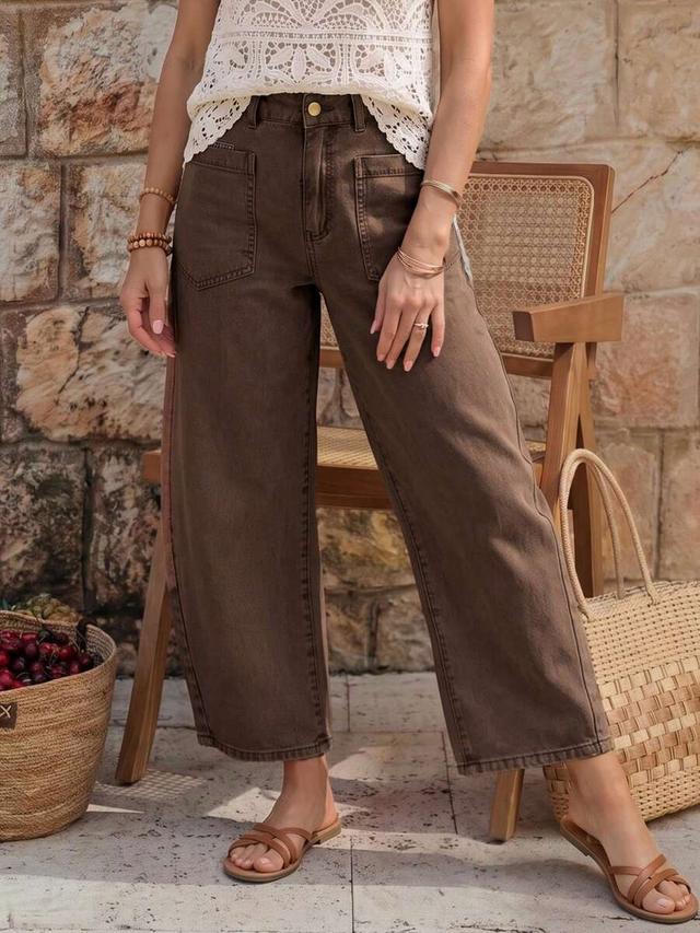 brown wide leg denim jeans with patch pockets