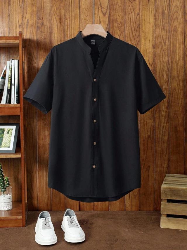 black short sleeve mandarin collar button-down shirt