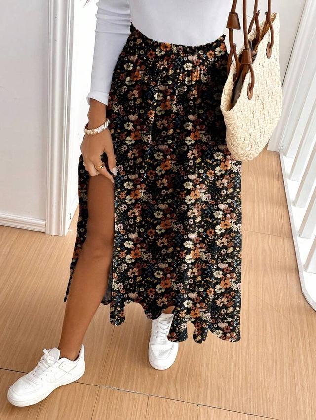 black floral boho summer maxi skirt with slit