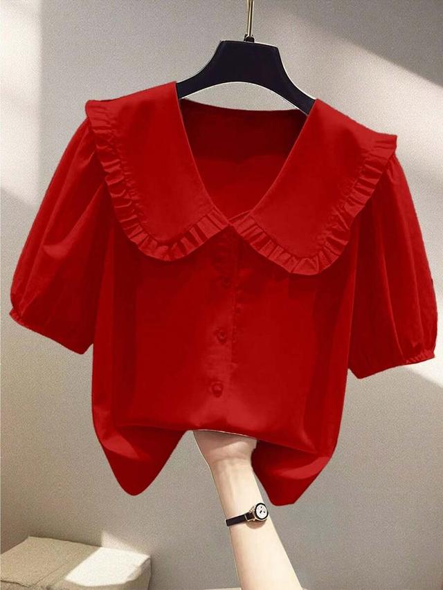 red peter pan collar puff sleeve ruffle blouse