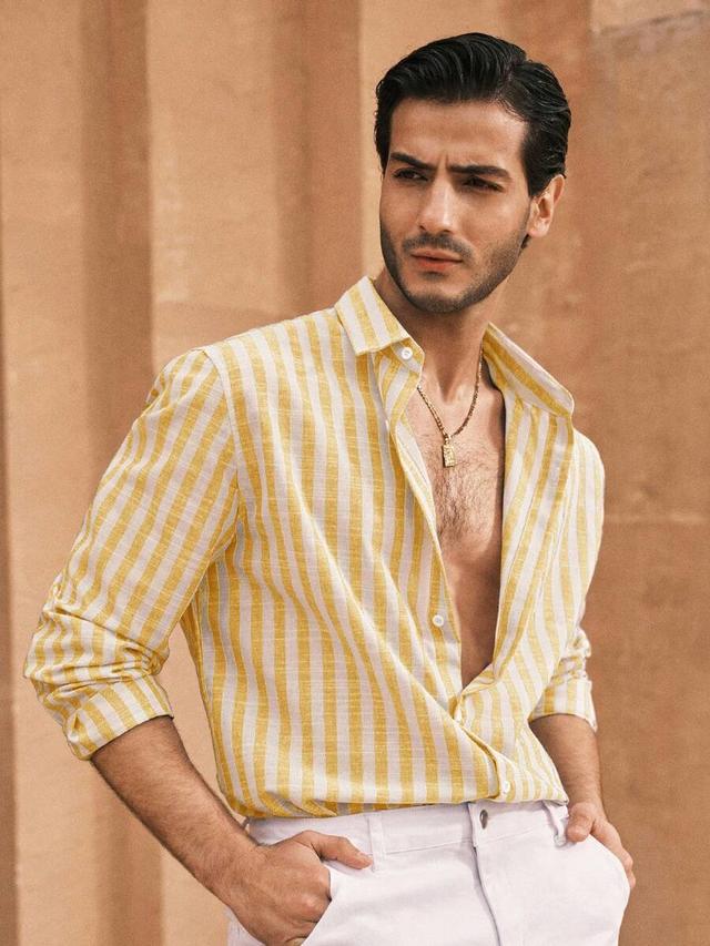 himland men's pale yellow striped relaxed fit linen shirt