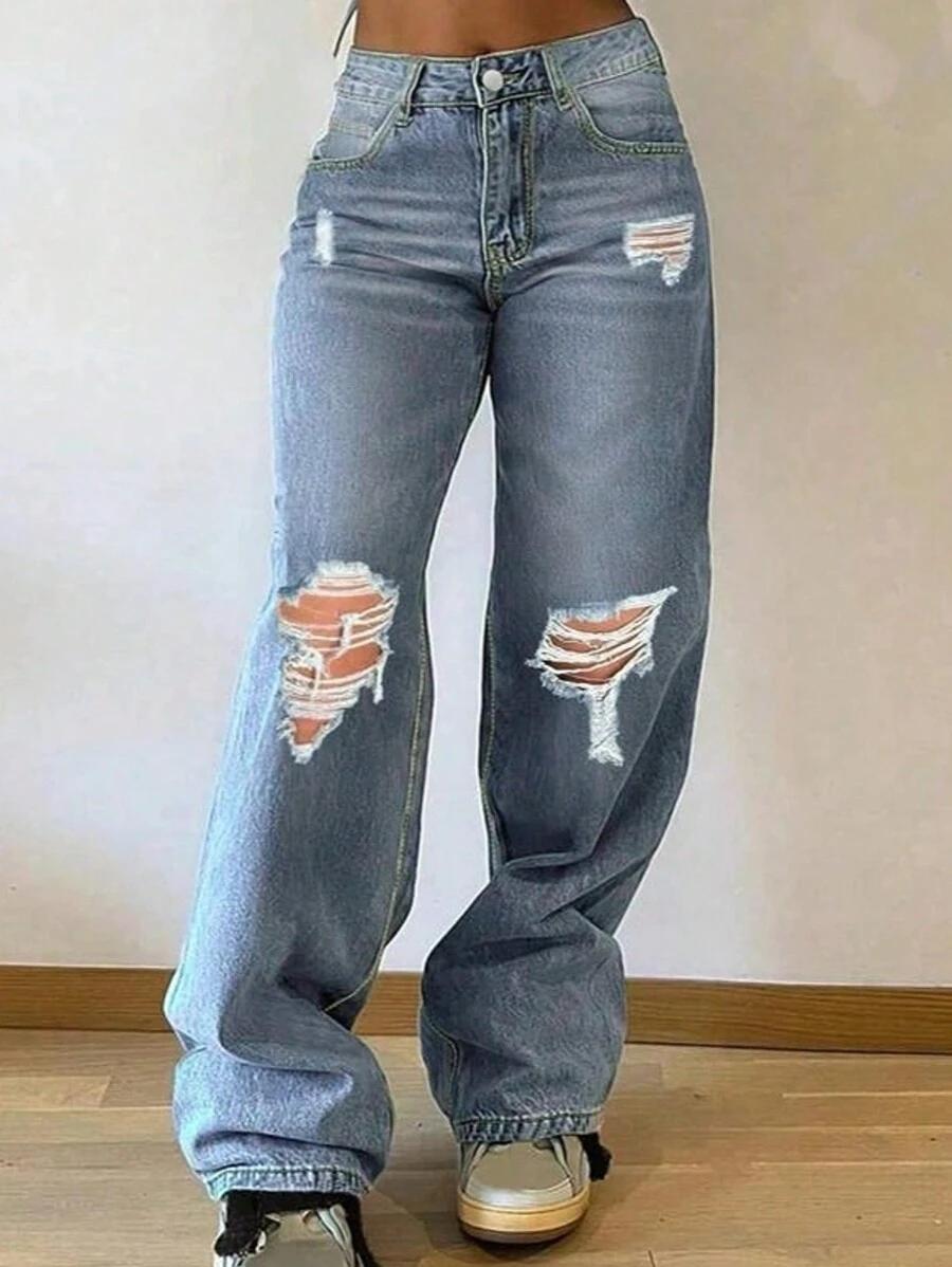 women's ripped denim straight leg jeans