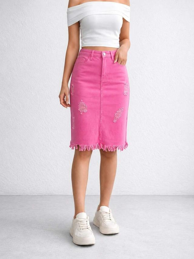 hot pink distressed denim pencil skirt