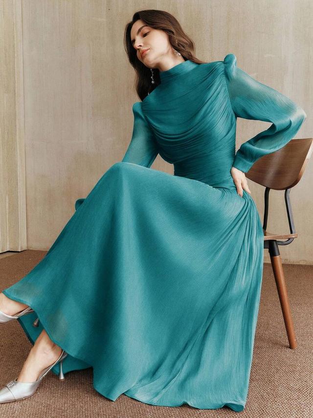 elegant teal ruched collar long sleeve maxi dress