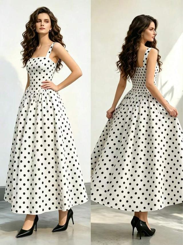 white polka dot square neck sleeveless midi dress
