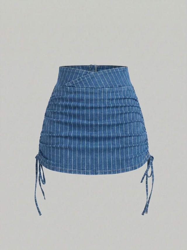 blue and white striped denim mini skirt with side ties