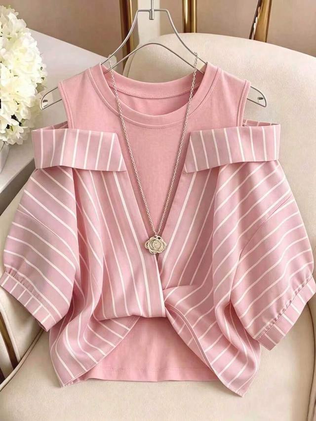pink striped cold shoulder layered cotton top