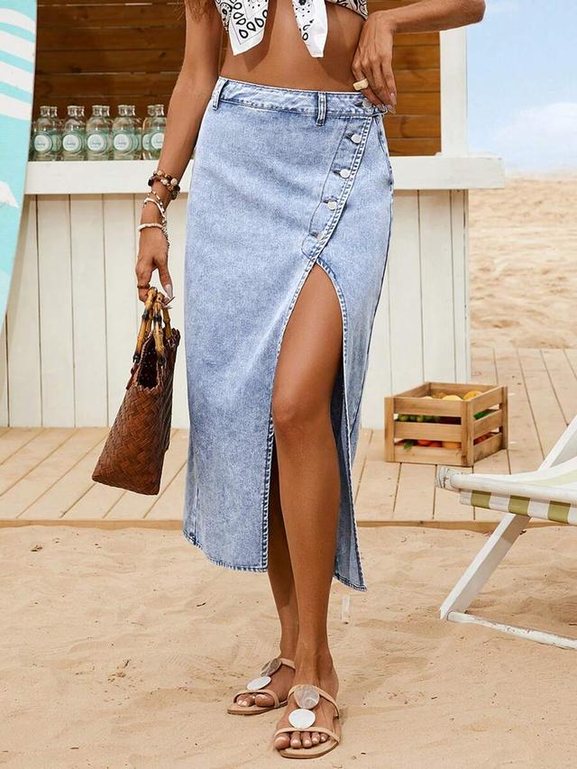 light-colored denim midi skirt with front slit