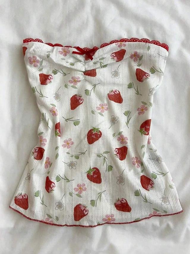 strawberry ditsy floral lace trim ruched tube top