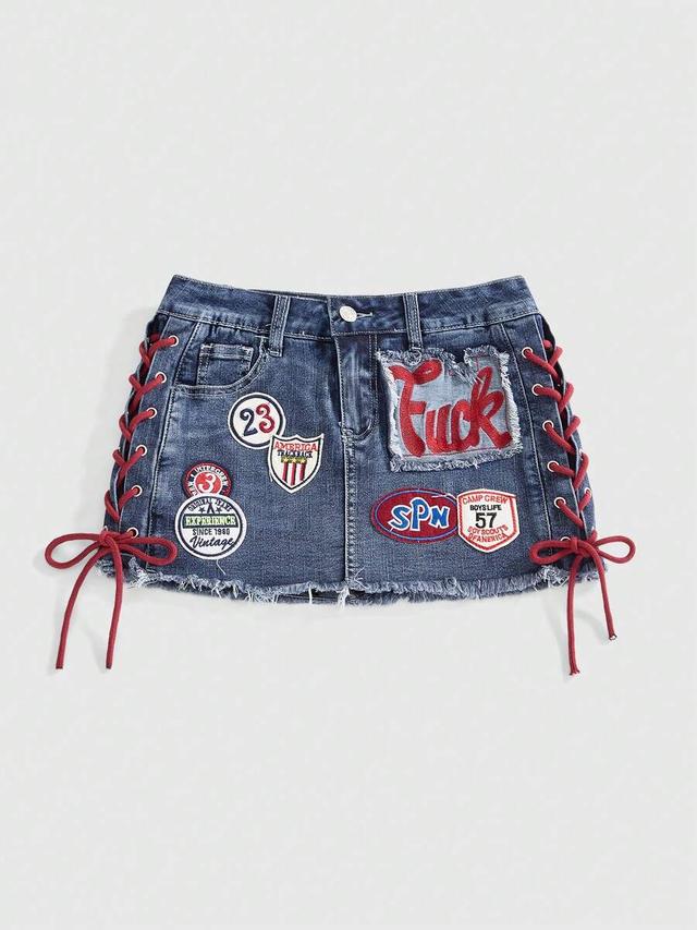 y2k retro denim mini skirt with side lace-up