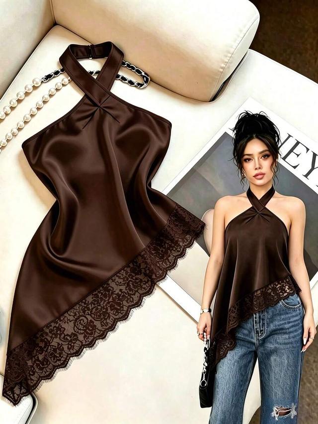 solid brown satin halter top with lace trim