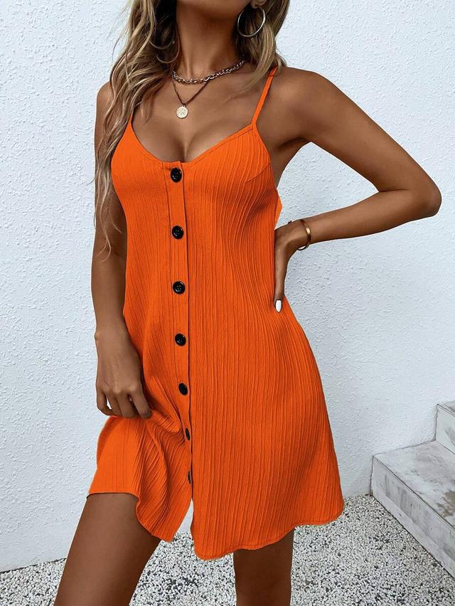 orange pleated casual sleeveless button-down mini dress