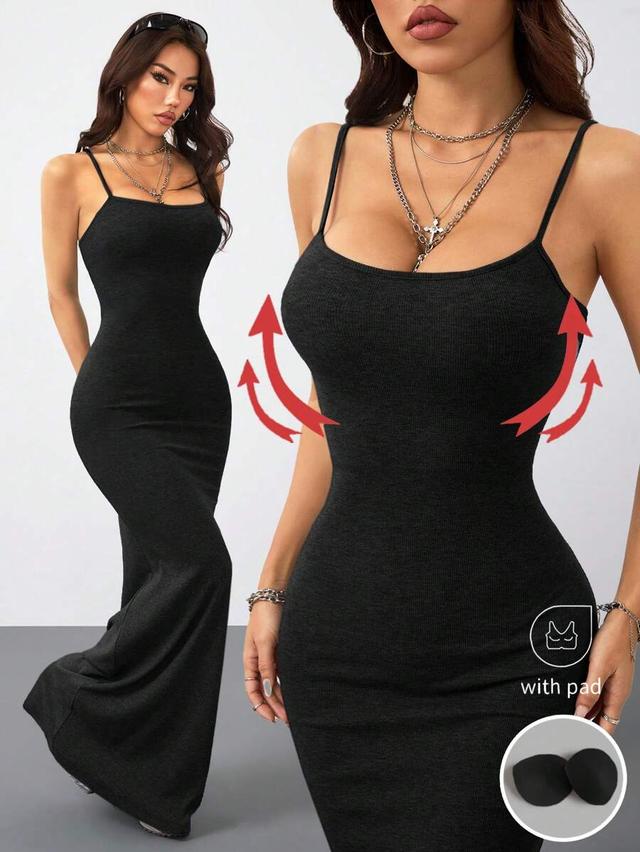 stretchy black ribbed long dress with built-in bra
