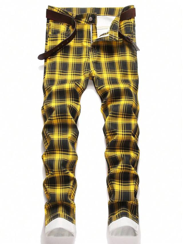 men's yellow and black plaid slim-fit stretch jeans