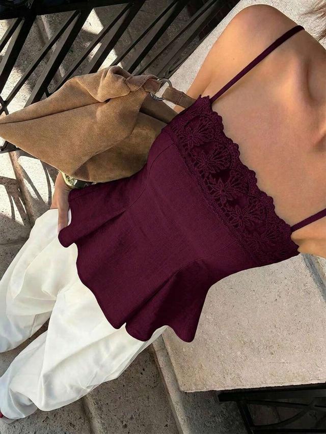 burgundy lace patchwork ruffle hem camisole