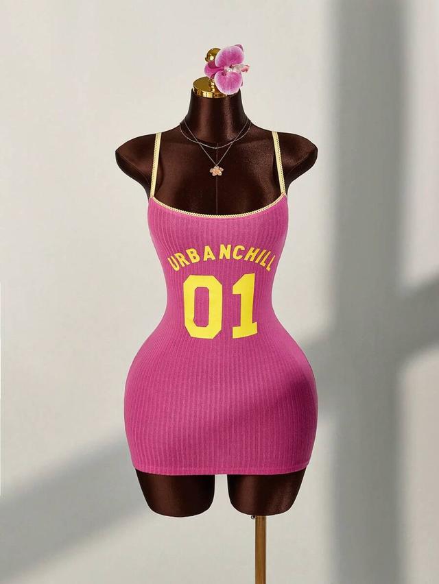 pink ribbed jersey mini dress with yellow graphic