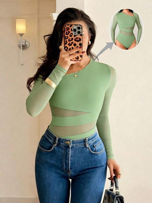 sage green mesh cutout long sleeve bodysuit